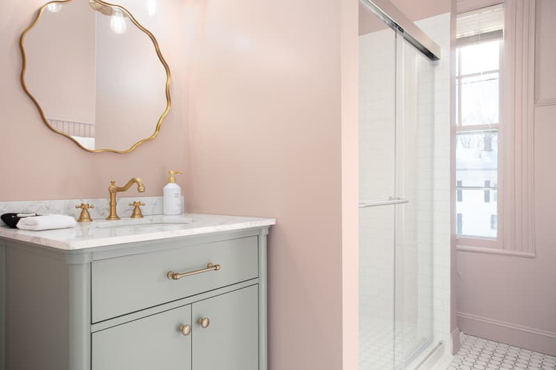 pink bathroom with shower