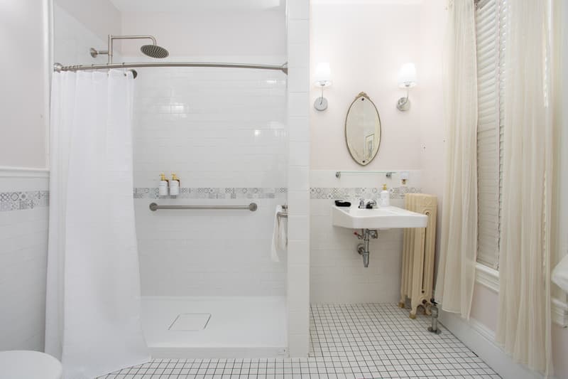 roll-in shower with handle bars and option for handheld showerhead