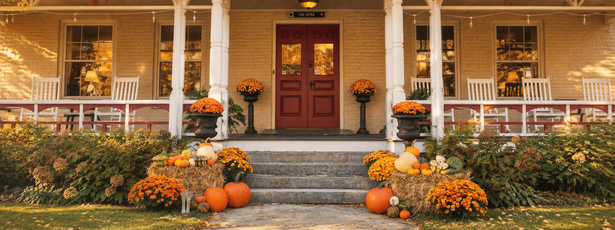 Front porch decorated with pumpkins and fall flowers.