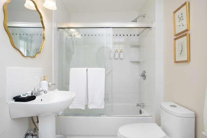 A modern bathroom featuring a shower-tub combo, sink, and toilet, with elegant decor accents.