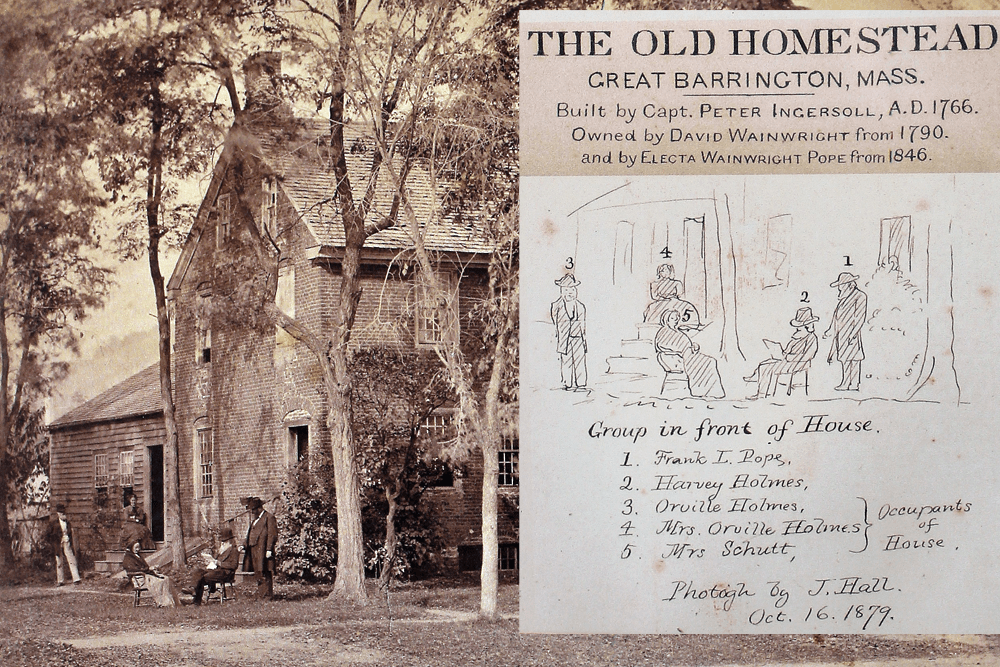 Historic black-and-white photograph of "The Old Homestead" in Great Barrington, Massachusetts, with a caption listing the occupants from a 1879 gathering.