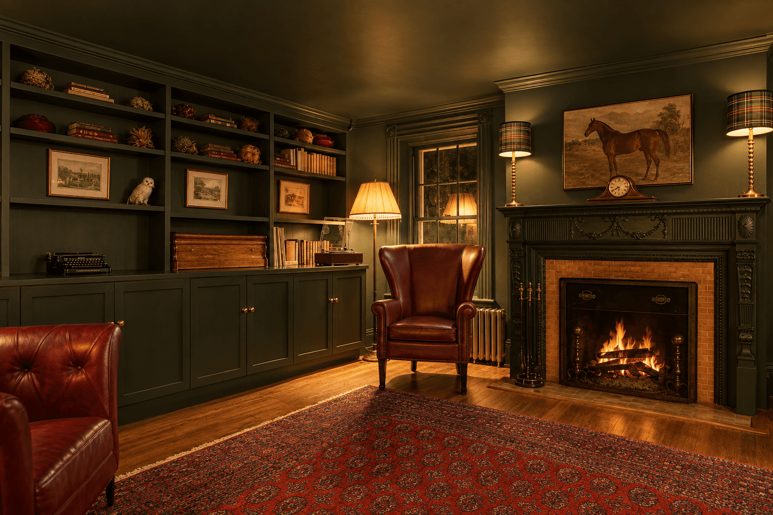 A cozy library with dark green walls, a leather armchair, a roaring fireplace, and shelves filled with books and decor.
