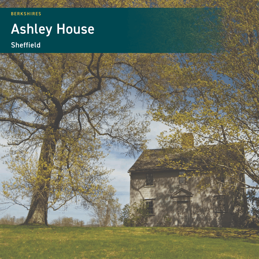 A historic house surrounded by large trees and lush greenery.