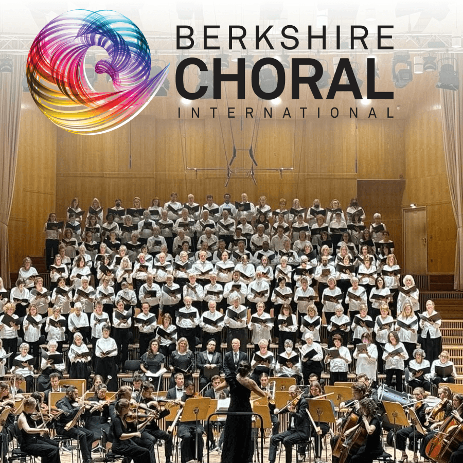 A large choir performs on stage alongside an orchestra, with the "Berkshire Choral International" logo at the top.