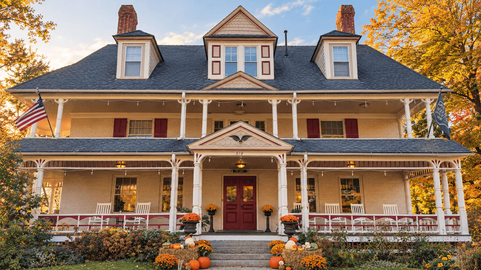 A large, charming two-story house with a covered porch, surrounded by colorful autumn foliage and decorative pumpkins.