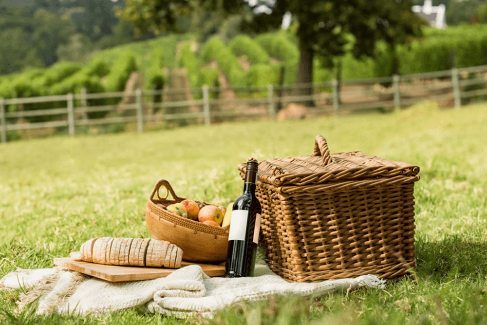 A picnic setup featuring a wicker basket, a bottle of wine, bread, and a bowl of apples, set on a grassy field.