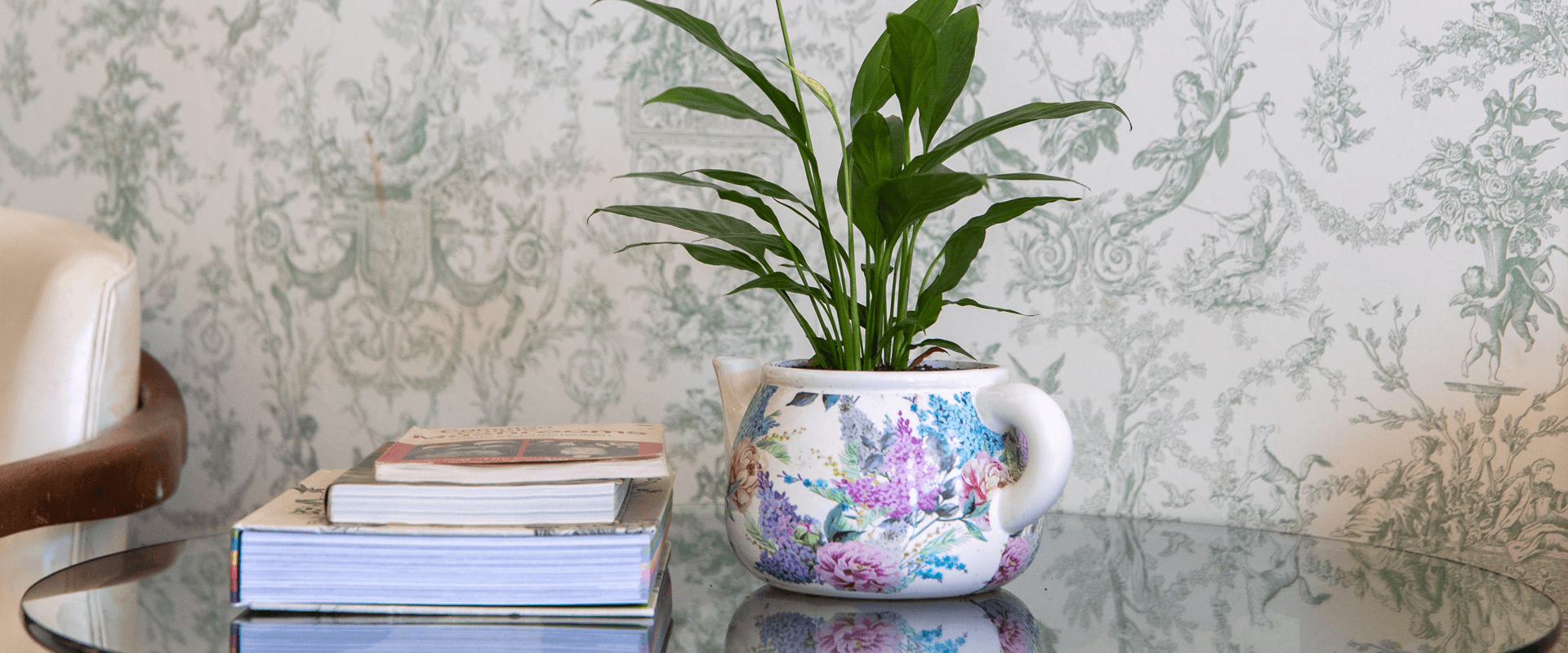 A decorative plant in a floral-patterned pot sits on a glass table next to stacked books, against a patterned wallpaper background.