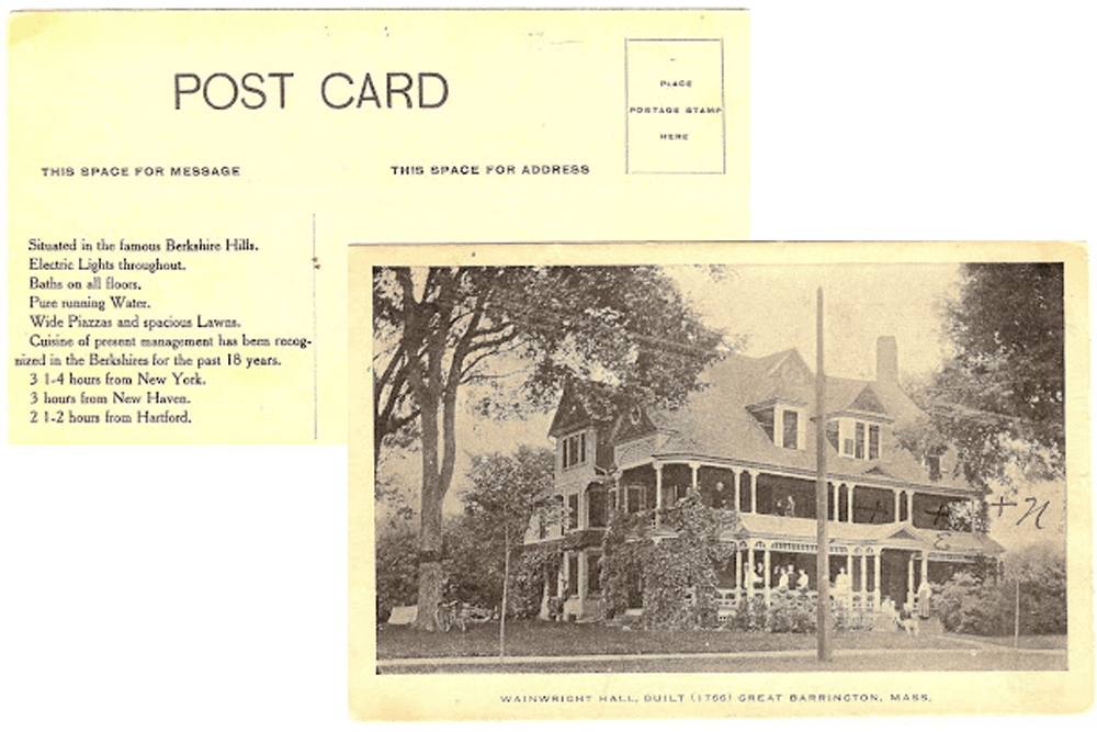 Black and white postcard featuring Wainwright Hall in Great Barrington, Massachusetts, built in 1766.